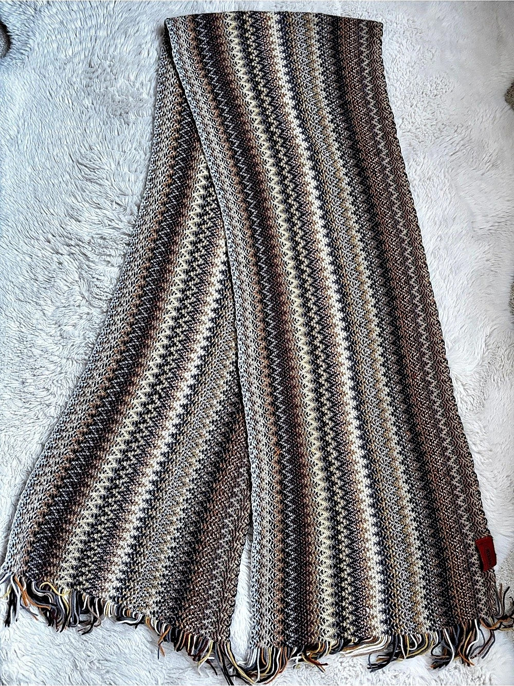 Missoni Zigzag Knit Wrap Scarf Brown Grey Mustard Fringe 190 x 34 cm Made in Ita